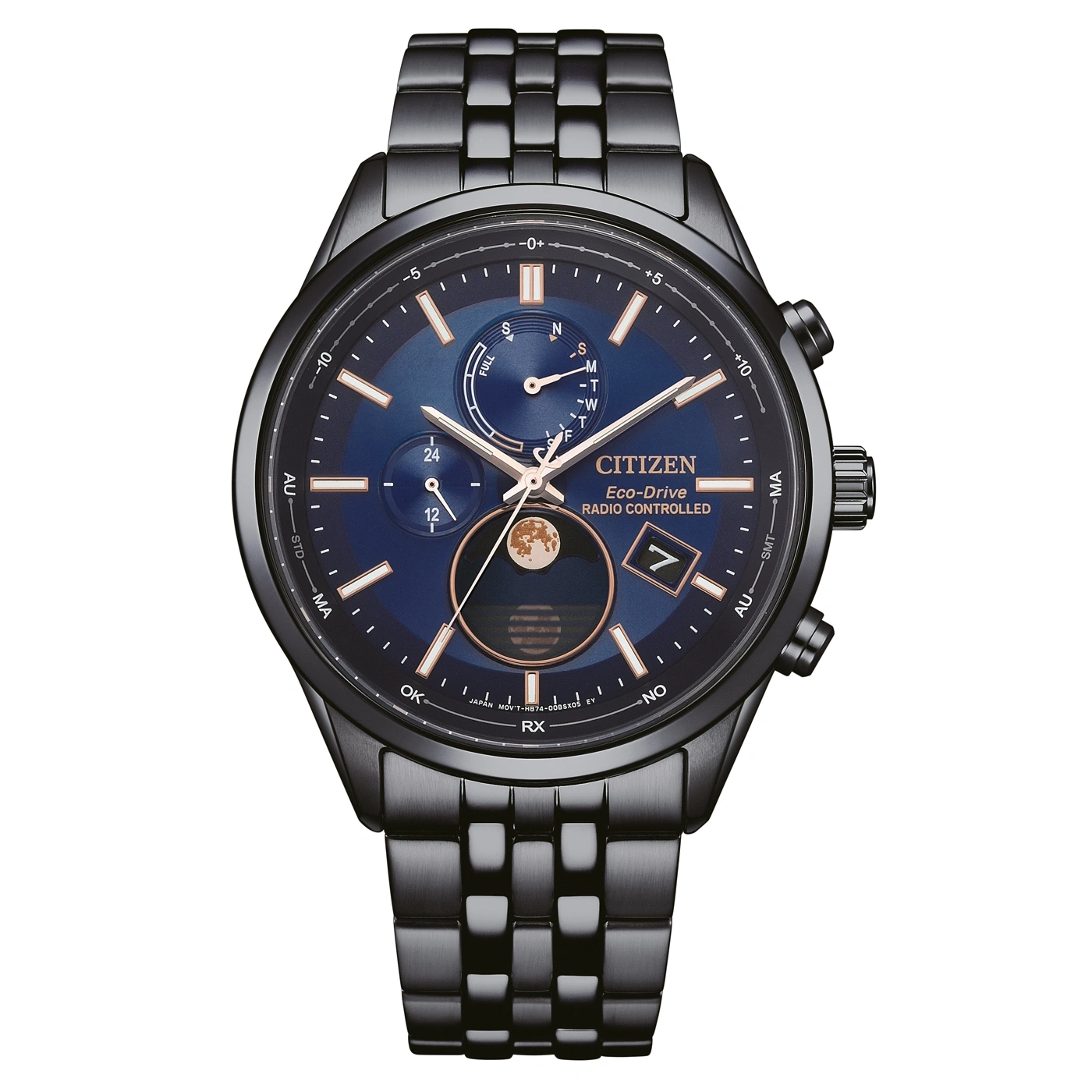 Black Citizen Eco-Drive watch with blue face and moon phase display.
