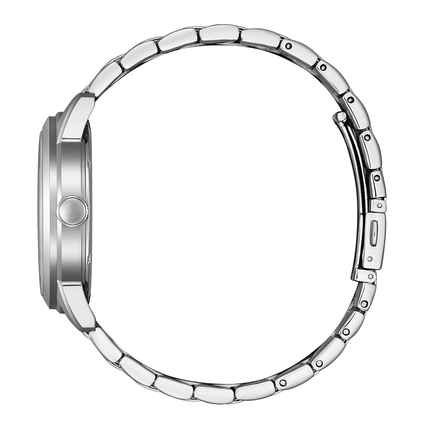Side view of a silver watch with a metal band.