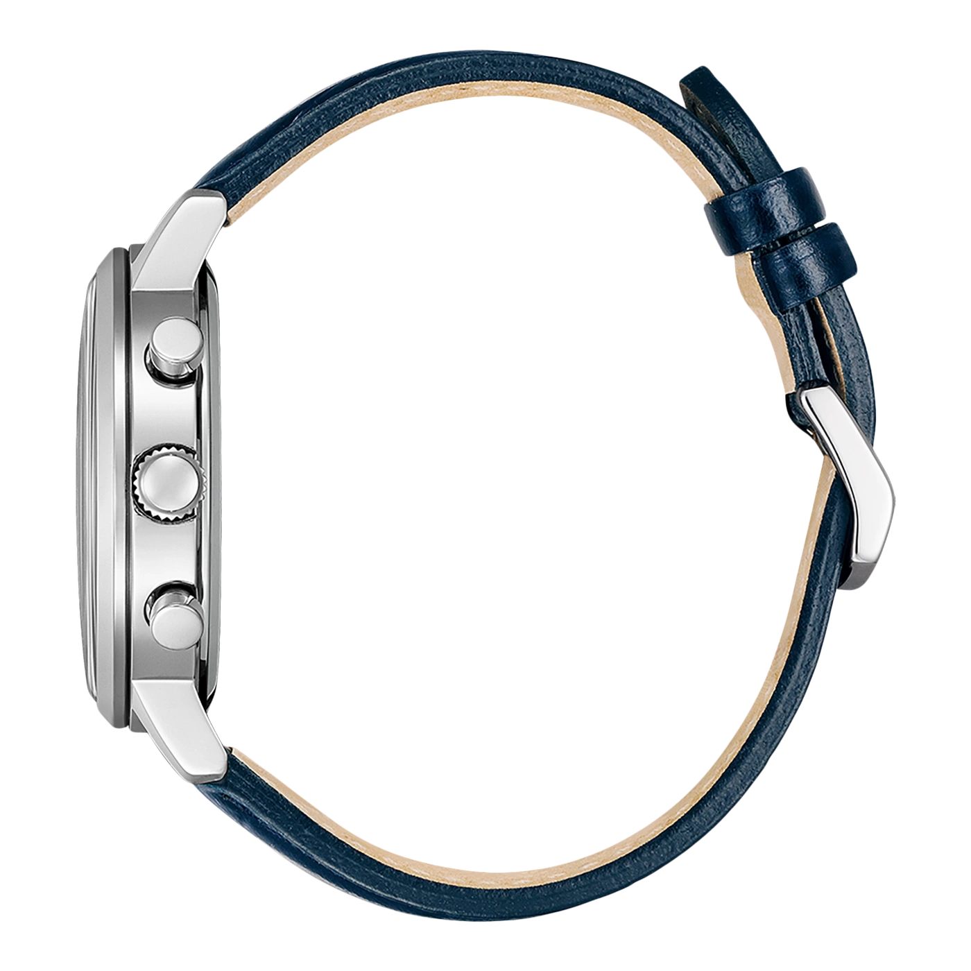 A side view of a silver watch with a blue leather strap.
