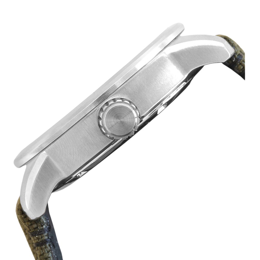 Side view of a silver watch with a green strap and a round crown.