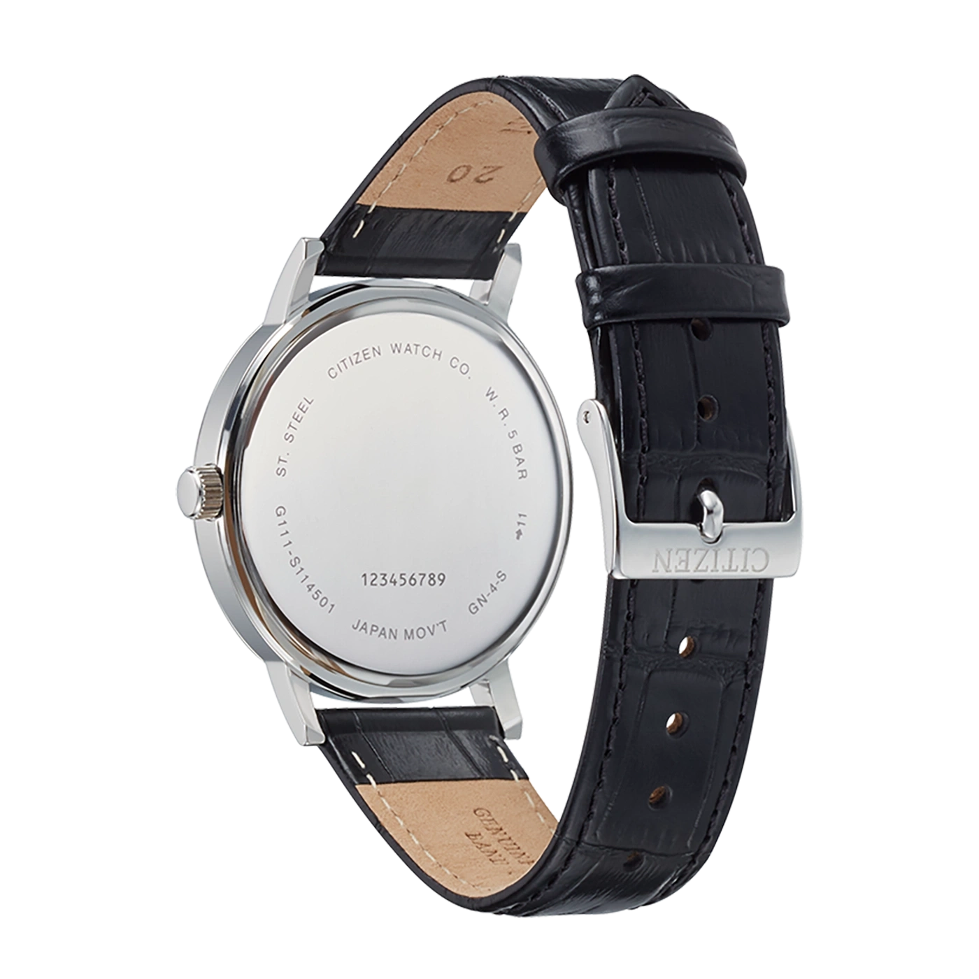Citizen watch with black leather strap, stainless steel back, and text.