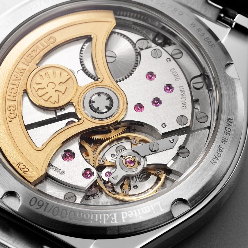 Watch mechanism with gold accents, Citizen, Made in Japan, Limited Edition.