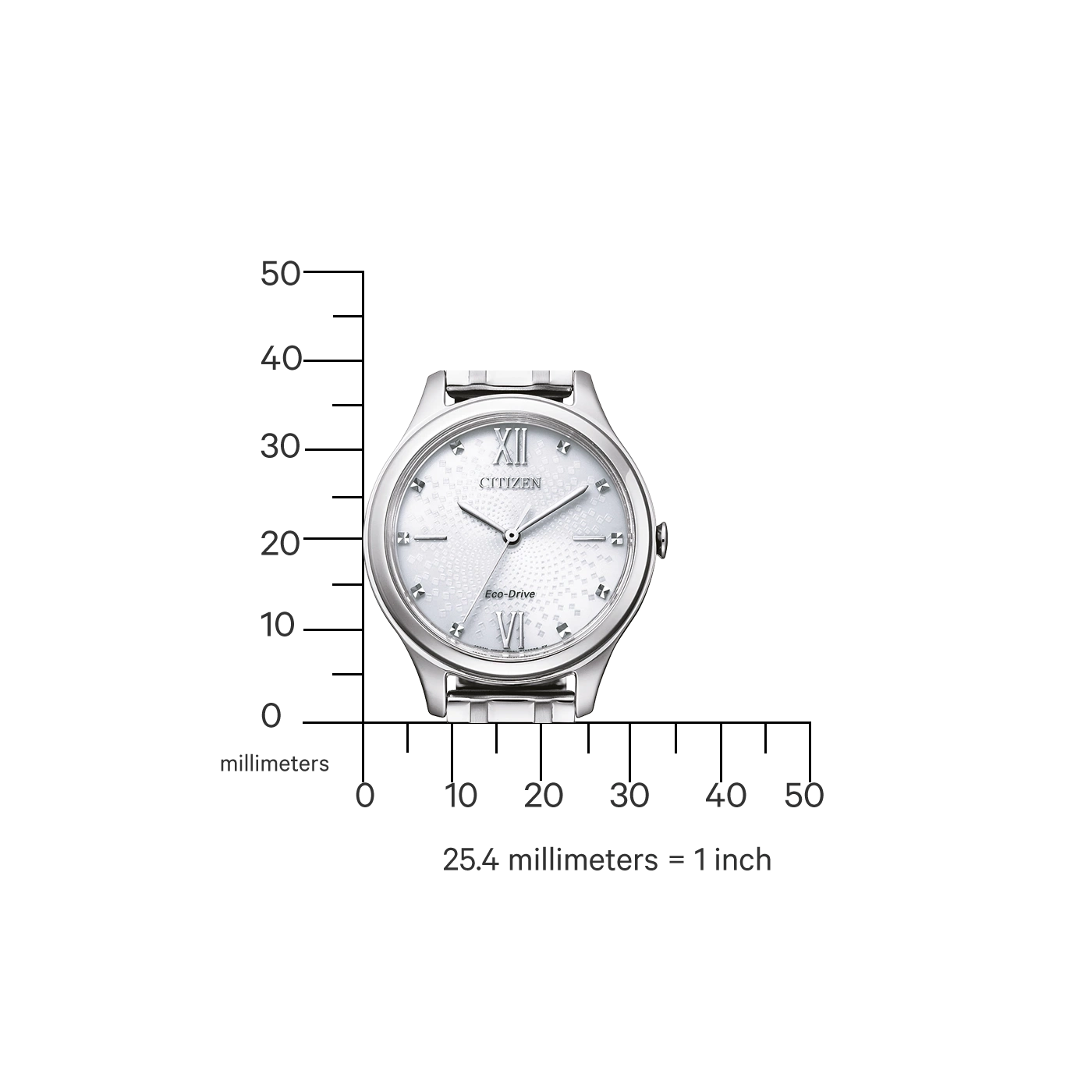 Citizen watch with a white face and silver band, with a scale in millimeters.