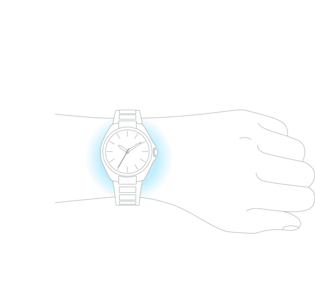 A watch on a wrist, with a blue glow around it.