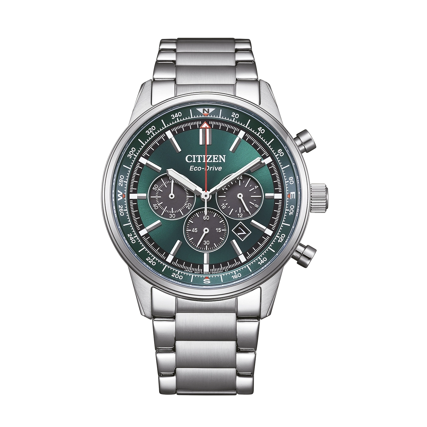 A green Citizen Eco-Drive chronograph watch with a metal band.