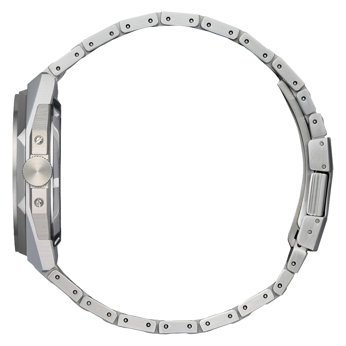 Side view of a silver metal watch with a link bracelet.