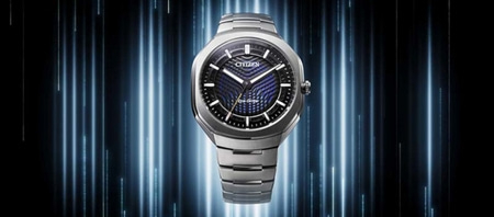 A futuristic Citizen Eco-Drive watch with a blue patterned dial.