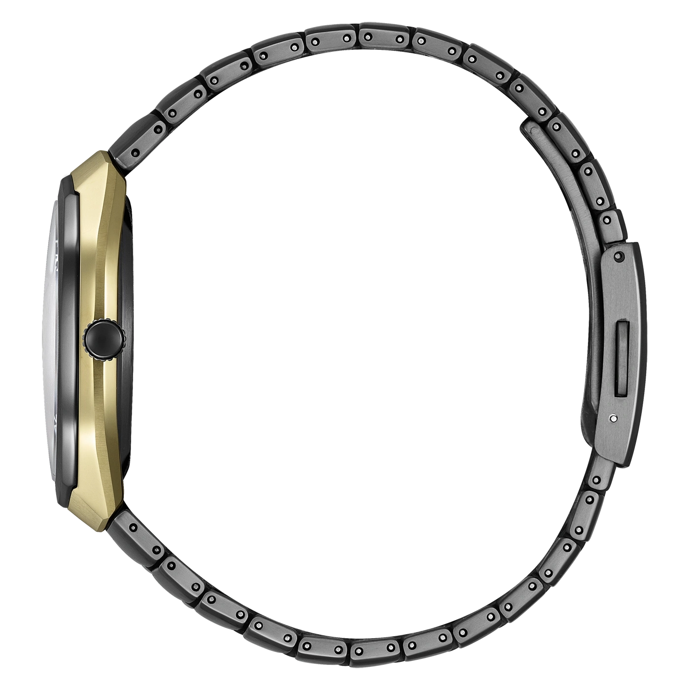 Side view of a gold and black watch with a metal band.
