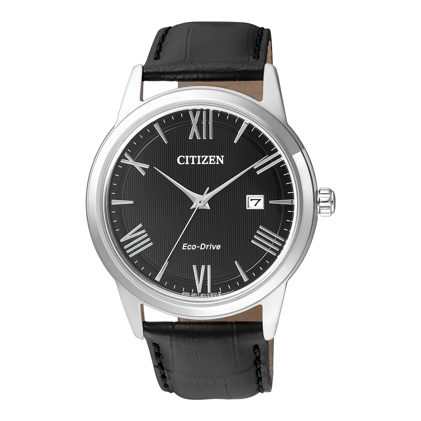Citizen watch with black face, leather strap, and Roman numerals.