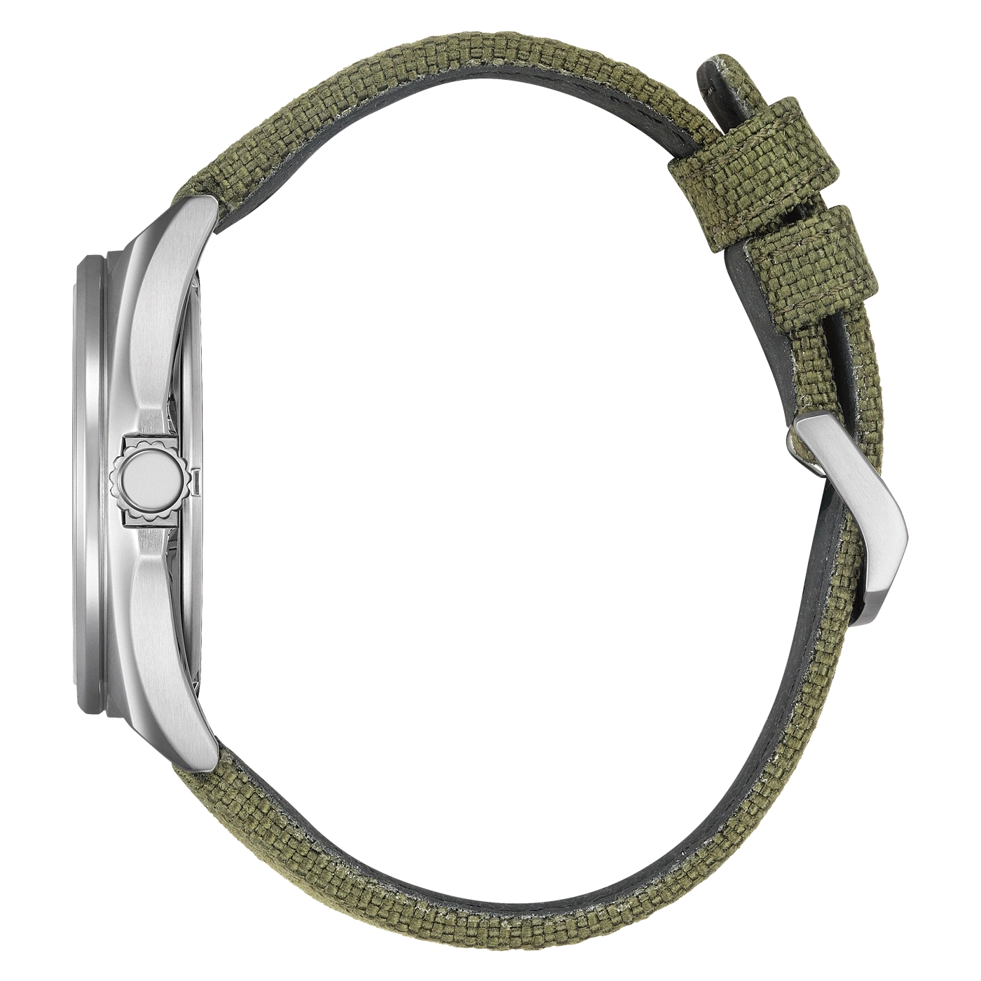 Side view of a silver watch with a green fabric strap.