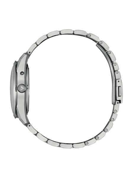 Seitenansicht einer silbernen Armbanduhr mit Metallarmband auf schwarzem Hintergrund.