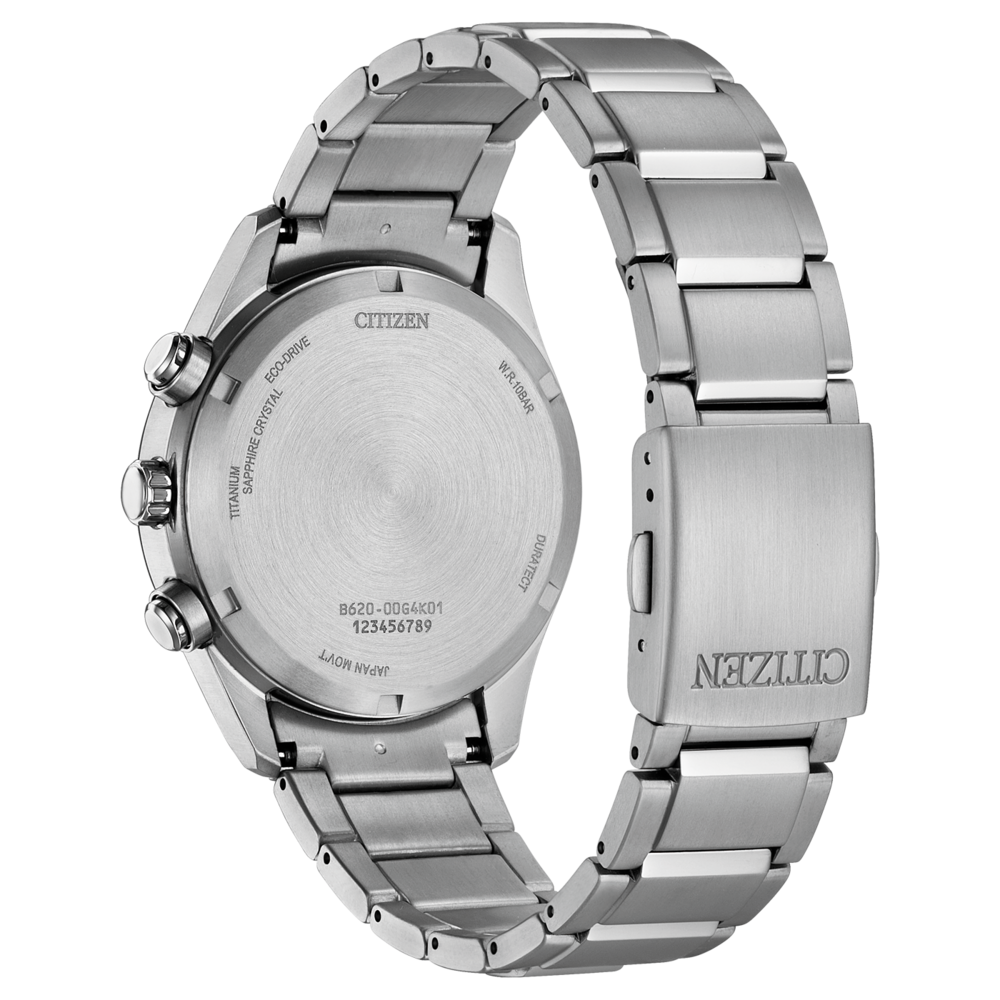 Back of a silver Citizen Eco-Drive watch with text.