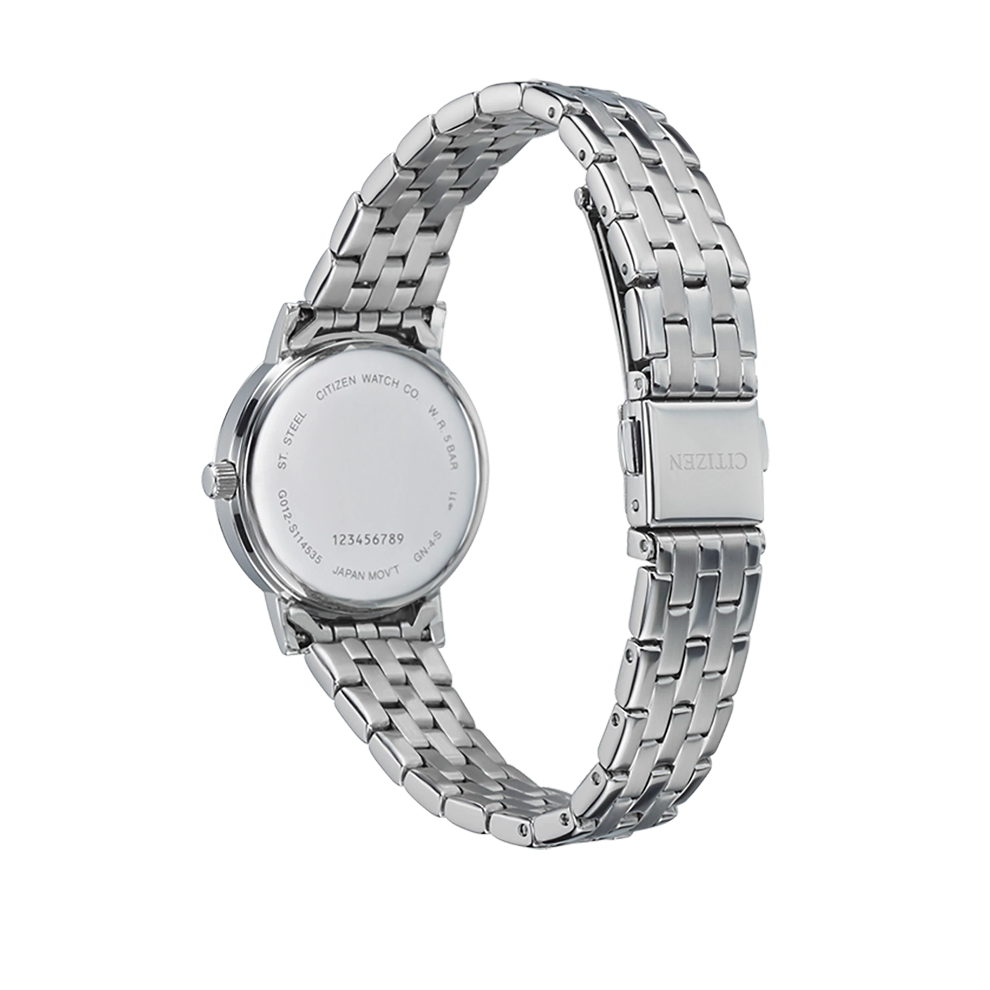 Citizen watch, stainless steel, back view, with the brand name and details.