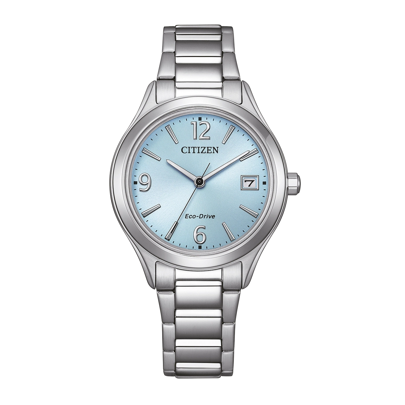 A silver Citizen Eco-Drive watch with a light blue dial.