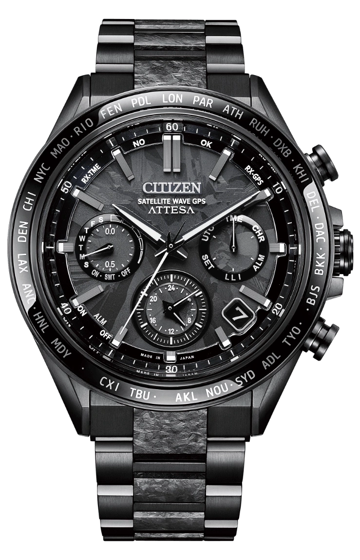 Black Citizen Attesa watch with multiple dials and world time markers on a green background.