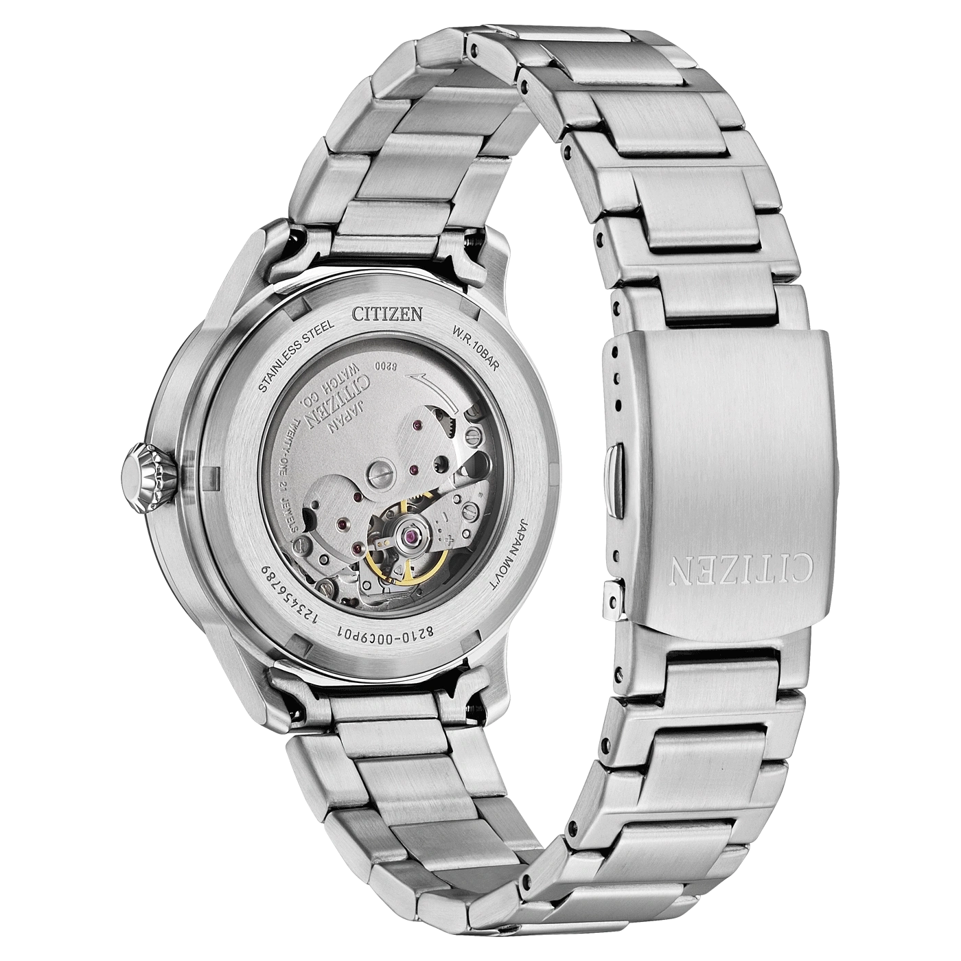 Citizen watch back, stainless steel, automatic movement, visible mechanism, Japanese, 10 bar water resistance