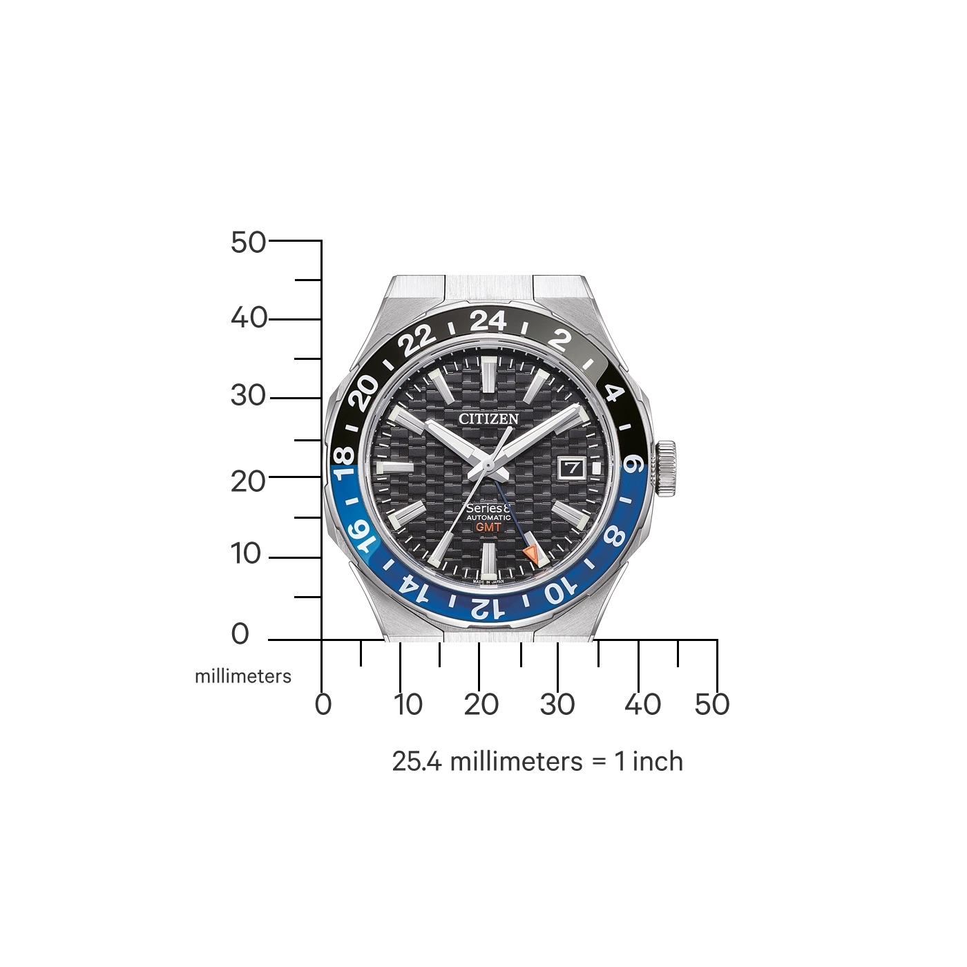 Citizen watch with black and blue bezel, showing time and measurements.