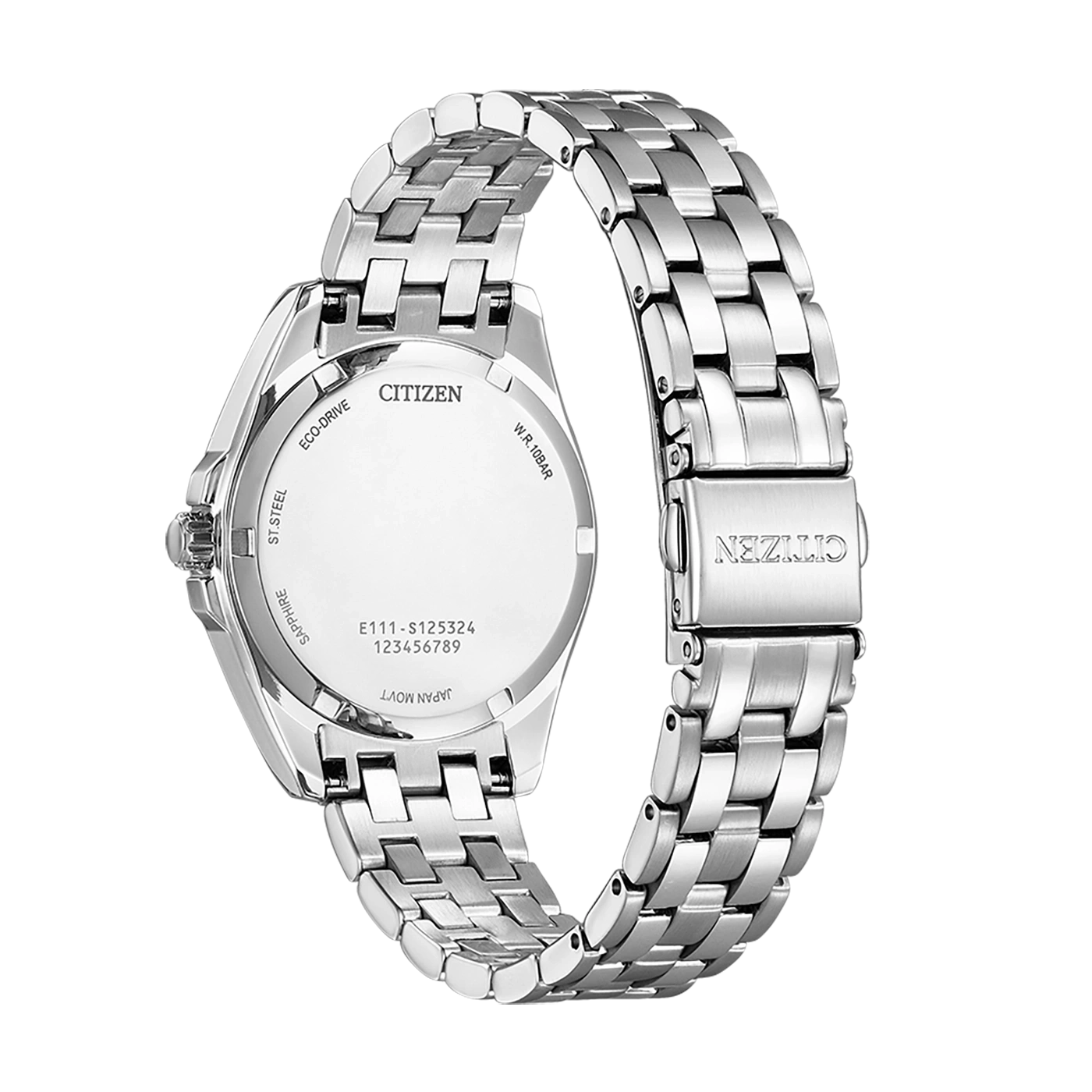 Citizen watch back, stainless steel, sapphire, Eco-Drive, Japan movement, W.R. 10 bar