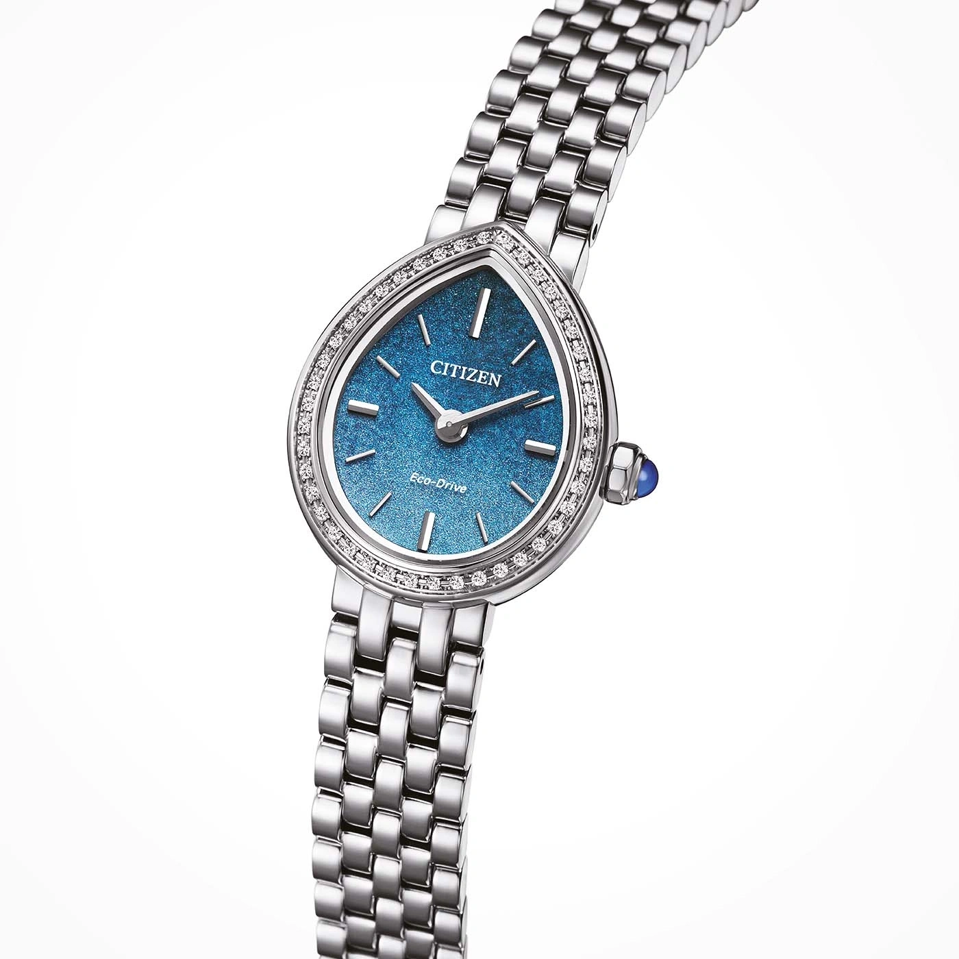 A diamond-encrusted Citizen Eco-Drive watch with a blue dial.