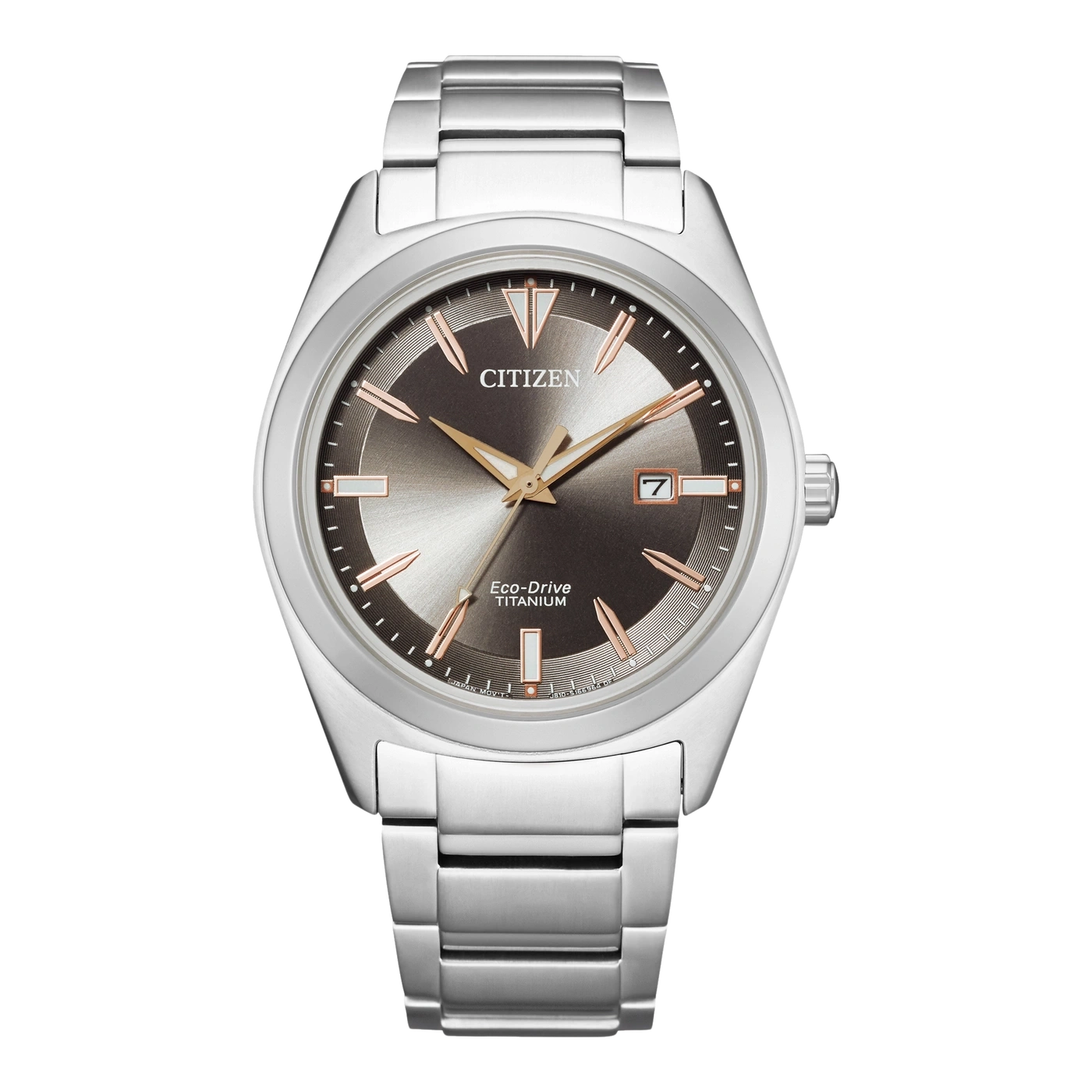 Citizen watch with a silver band and a brown face with gold accents.