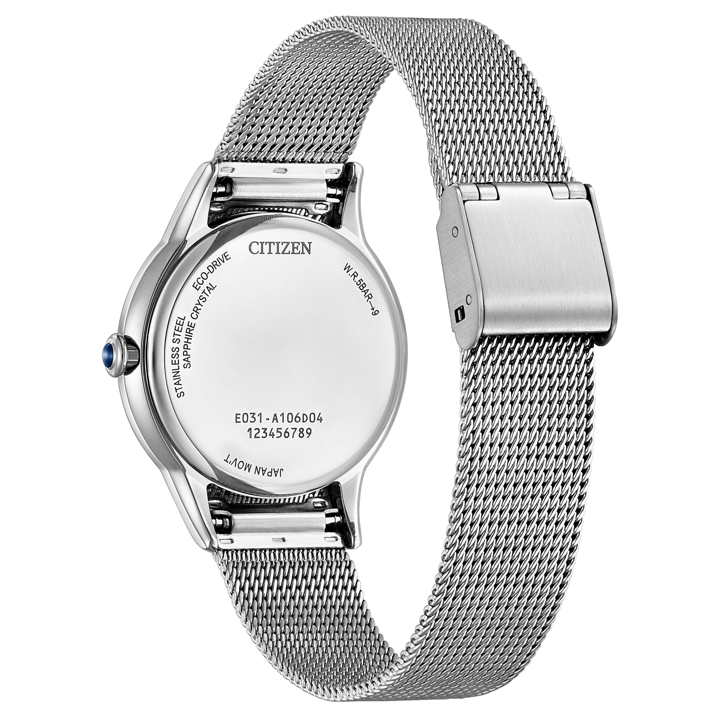 Citizen watch, stainless steel, sapphire crystal, Eco-Drive, mesh strap, silver