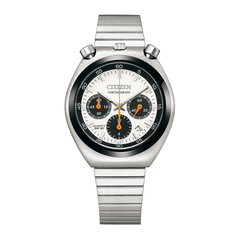 A silver Citizen chronograph watch with a white face and orange accents.