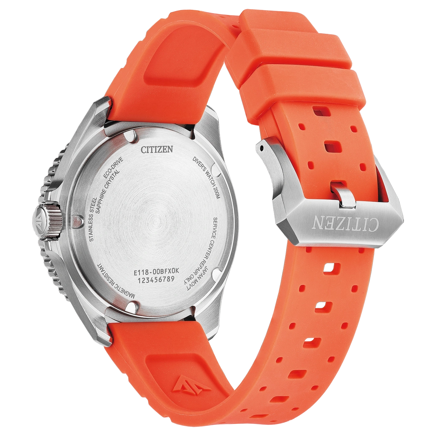 Back of a Citizen dive watch with an orange rubber strap.