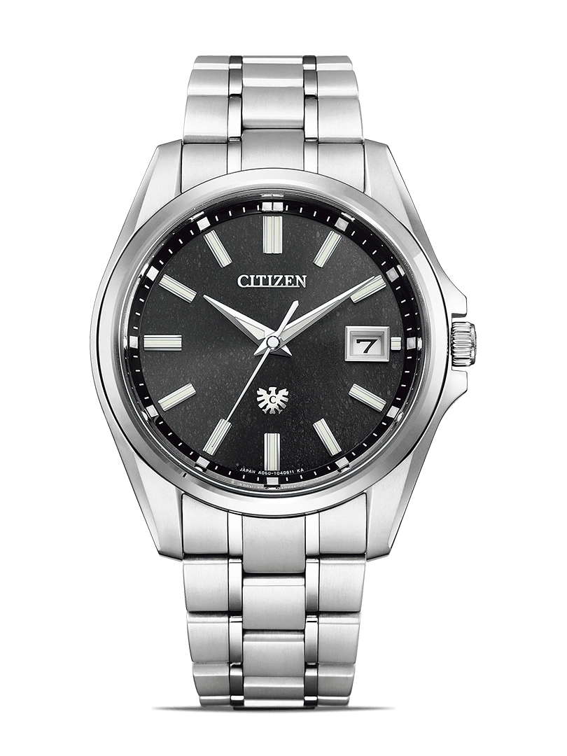 Citizen watch with a black dial and silver bracelet, elegant design.