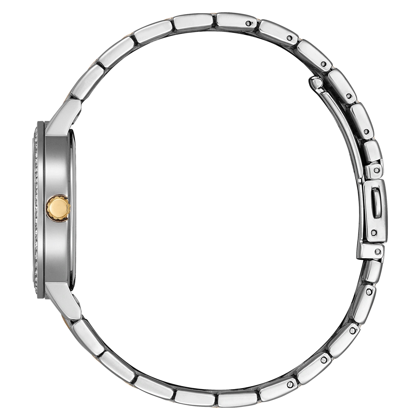 Side view of a silver watch with a gold crown and diamond accents.