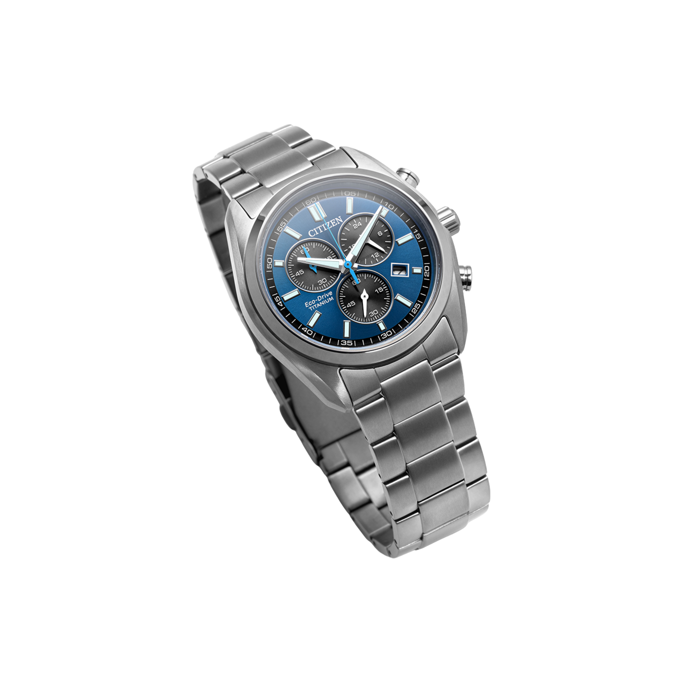 A Citizen Eco-Drive Titanium watch with a blue dial and silver band.