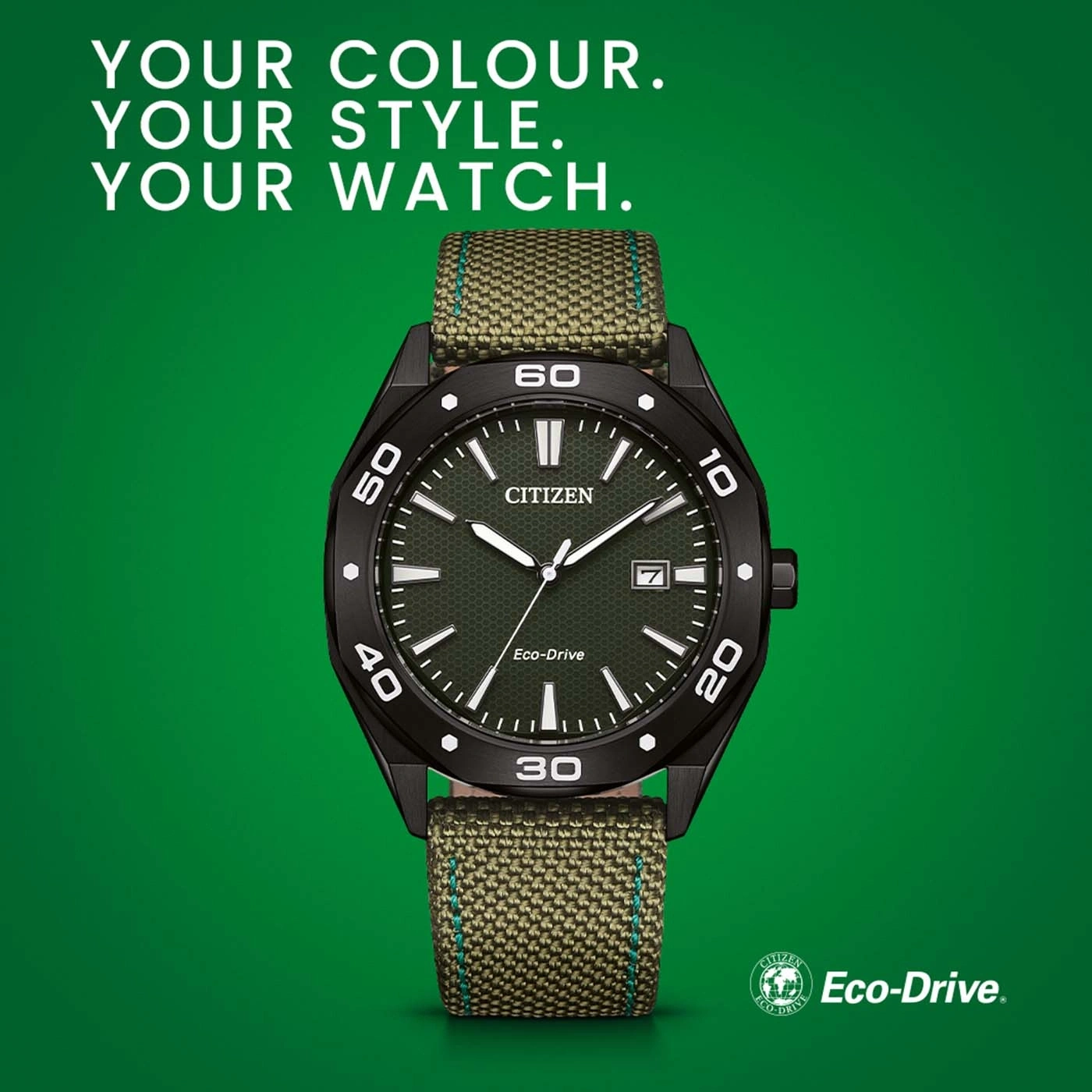Citizen watch with green strap on a green background, Eco-Drive.