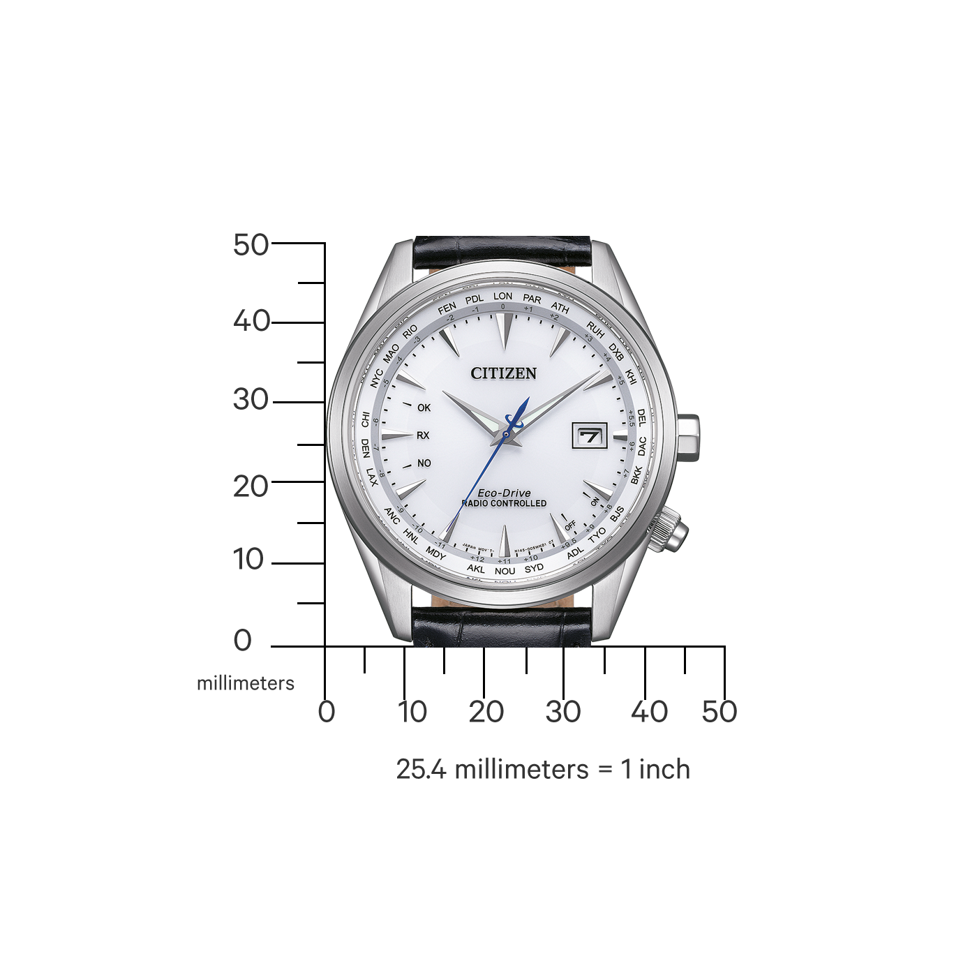 Citizen watch with world time function, white dial, black leather strap, and silver case.