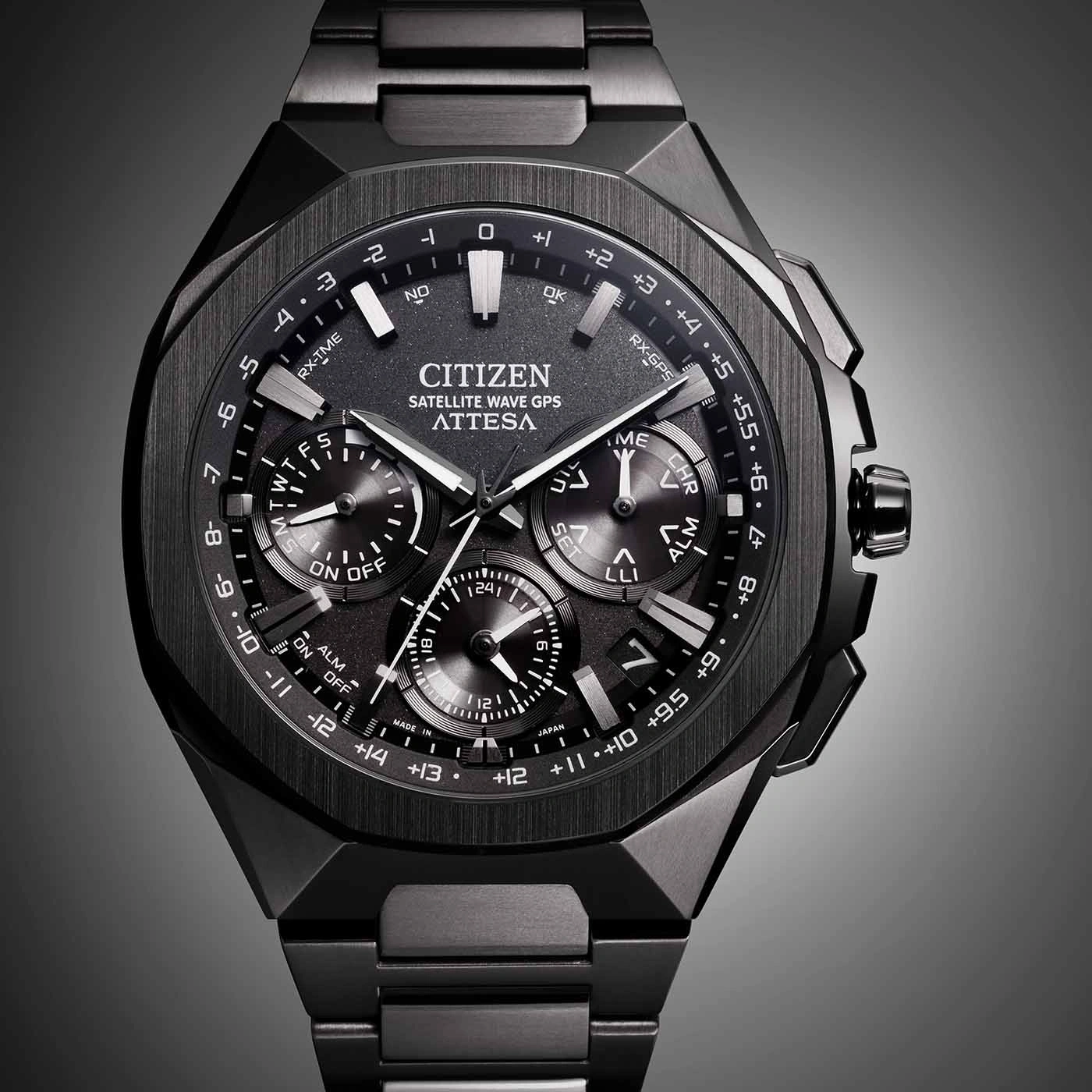 Black Citizen Attesa watch with multiple dials and time indicators, stylish design.