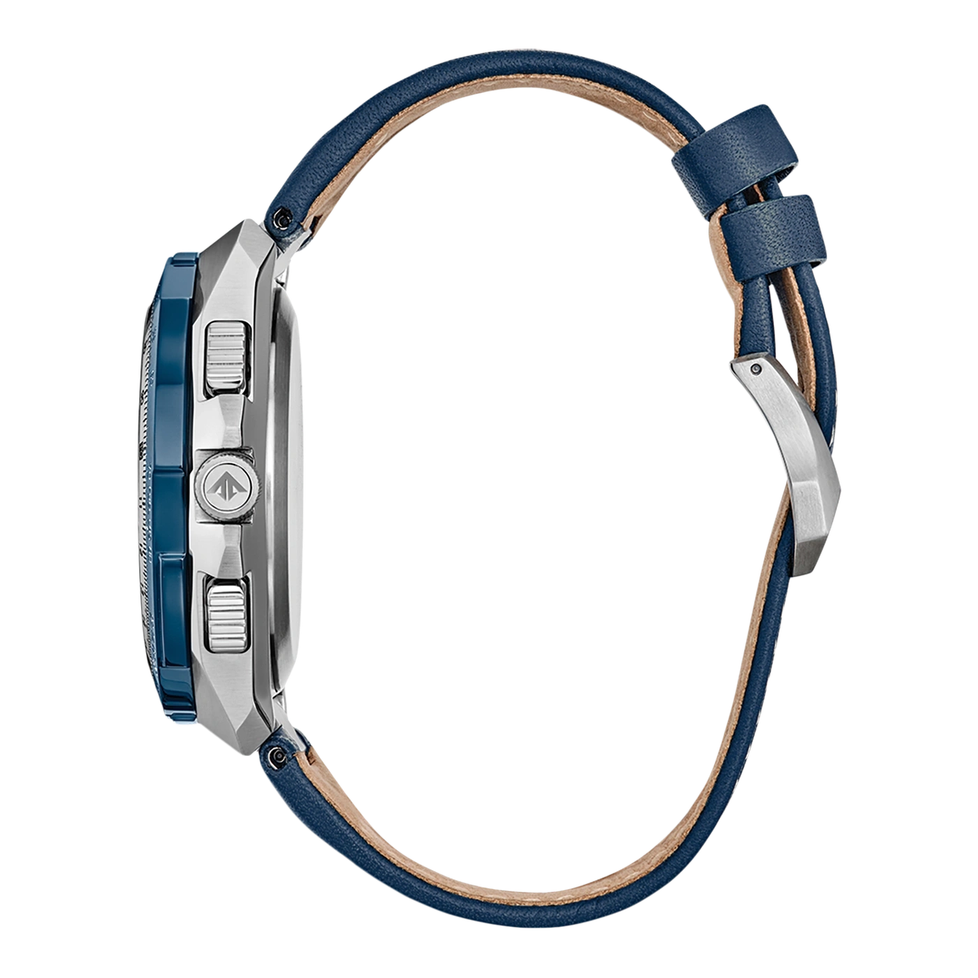 Side view of a blue watch with a blue leather strap