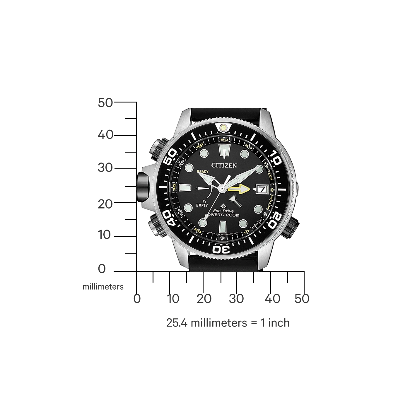 Citizen watch with black dial, depth meter, and Eco-Drive technology.