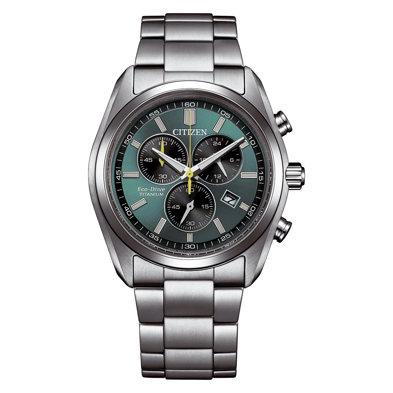 A Citizen Eco-Drive Titanium chronograph watch with a green dial.