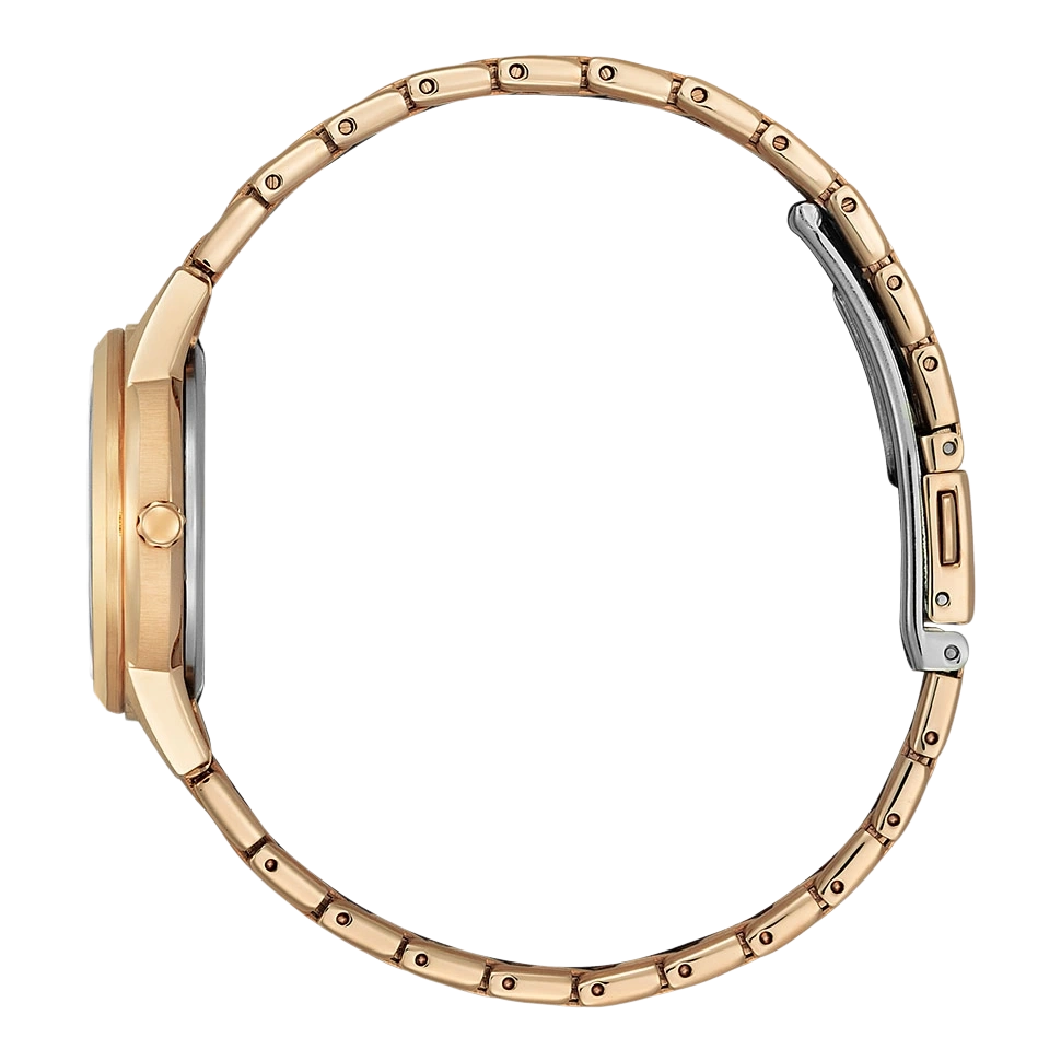 Gold watch with a round face and a delicate bracelet, side view.