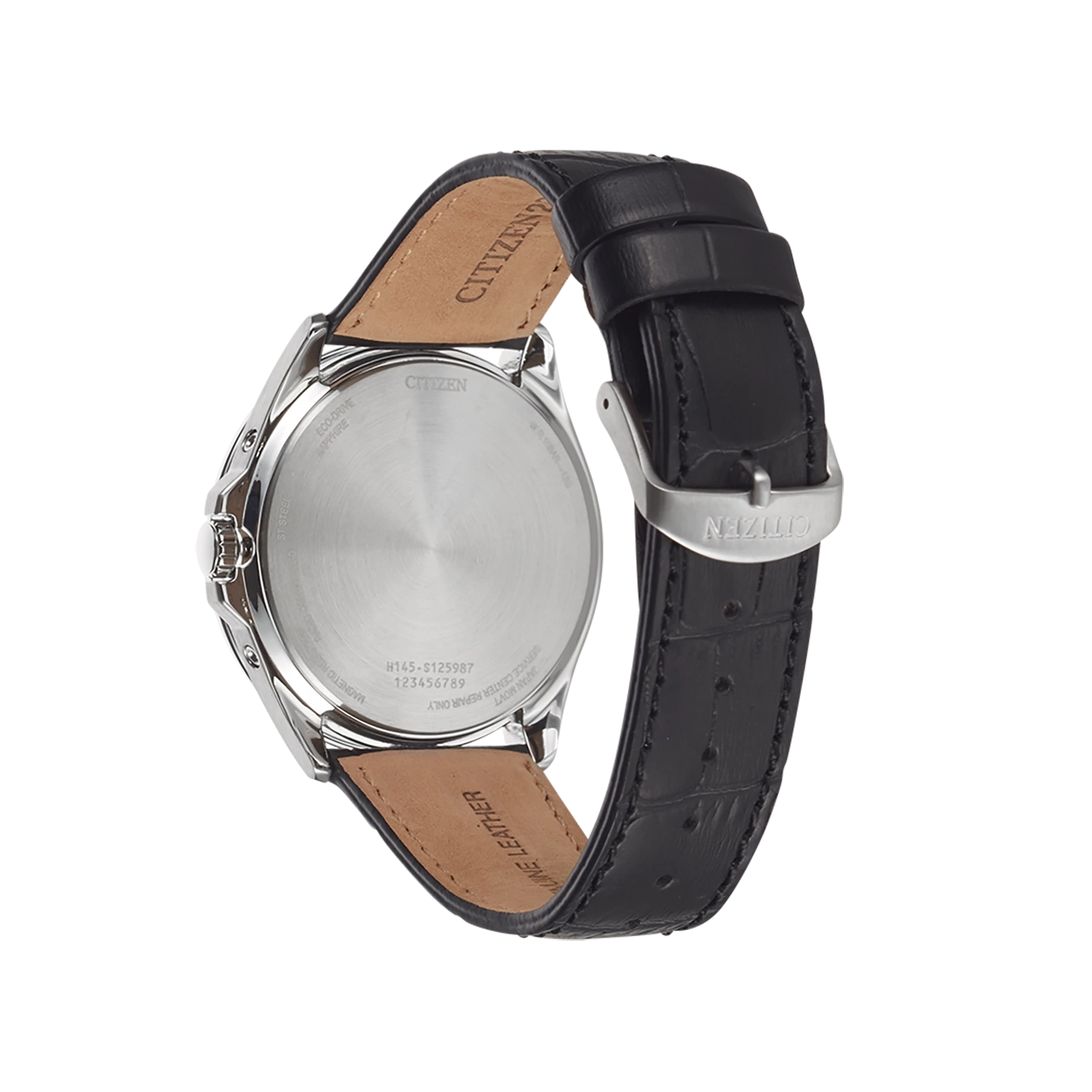 Citizen watch back with leather strap, Eco-Drive, sapphire, steel, and model number.