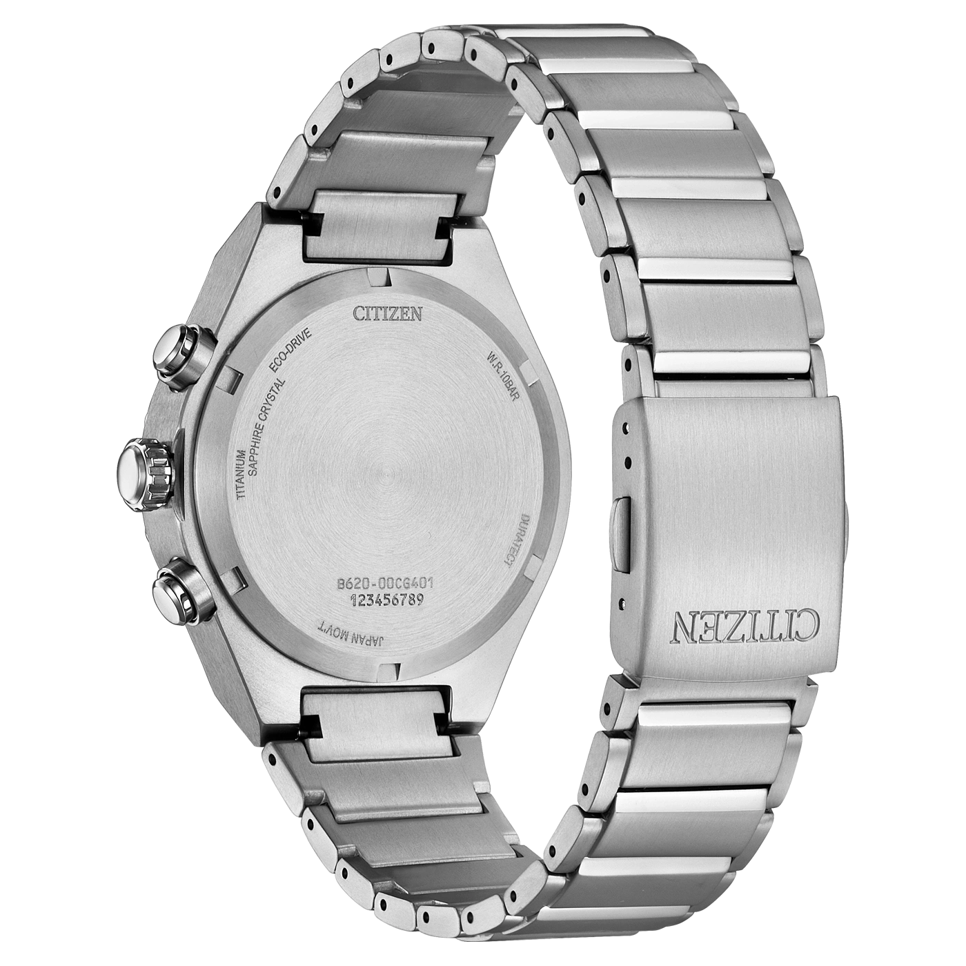 Citizen watch back, titanium, sapphire crystal, Eco-Drive, W.R.10BAR, Japan Movt.