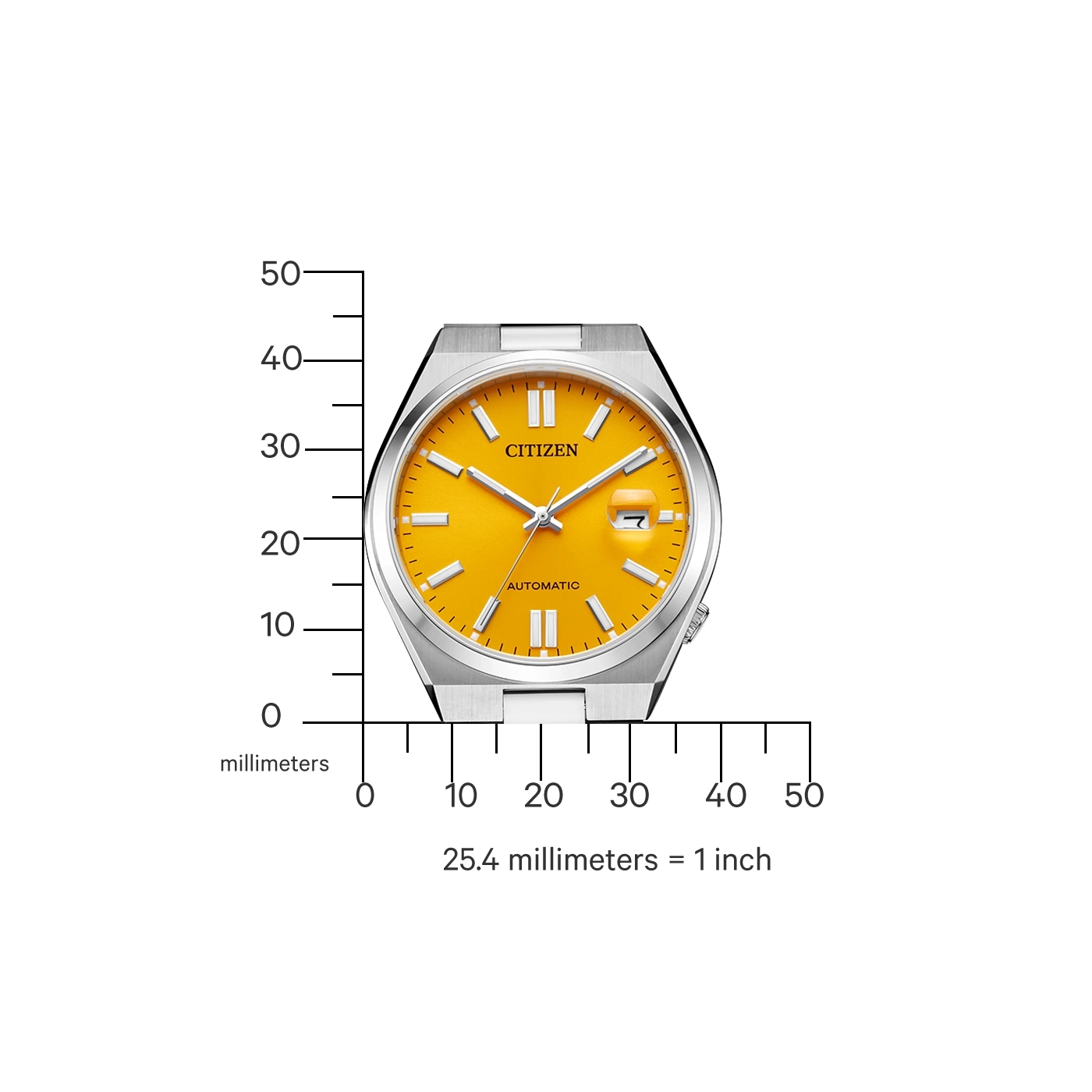 Citizen watch with yellow face, silver case, and measurement scale.