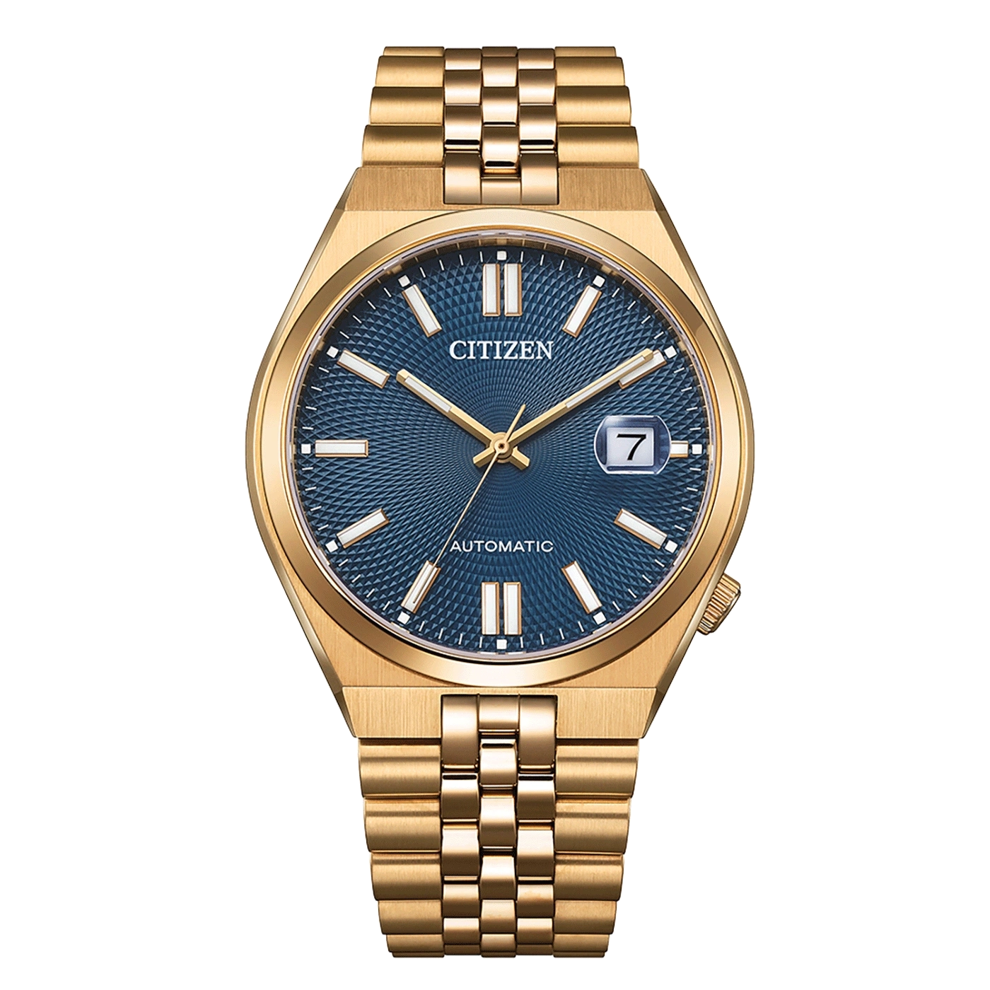 Gold Citizen watch with blue face and date display, automatic movement.