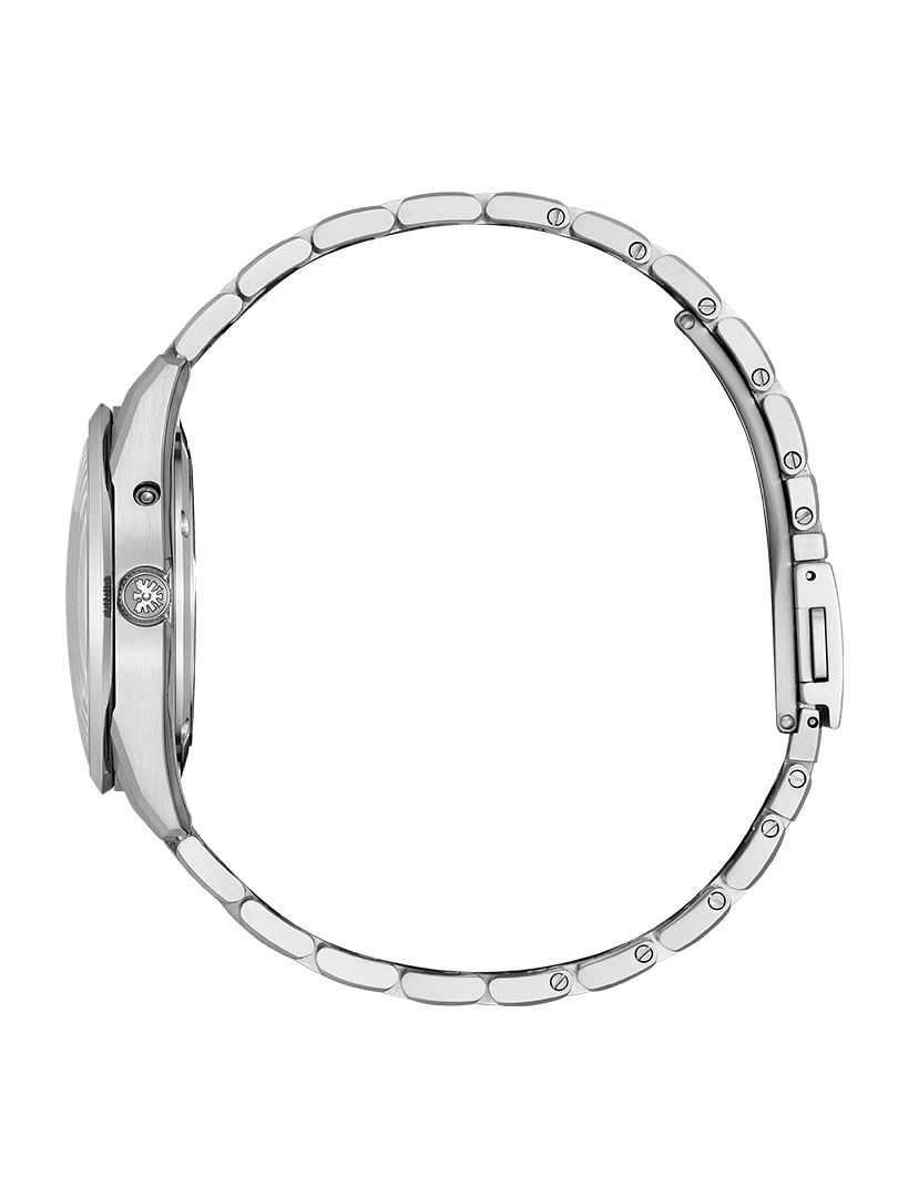 Side view of a silver wristwatch with a metal band on green background.