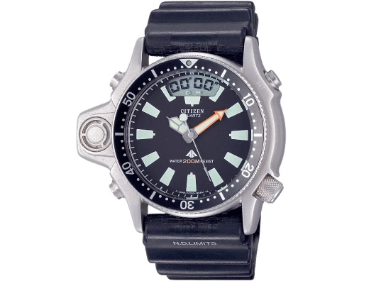 Citizen quartz watch with black dial and rubber strap, water resistant to 200m