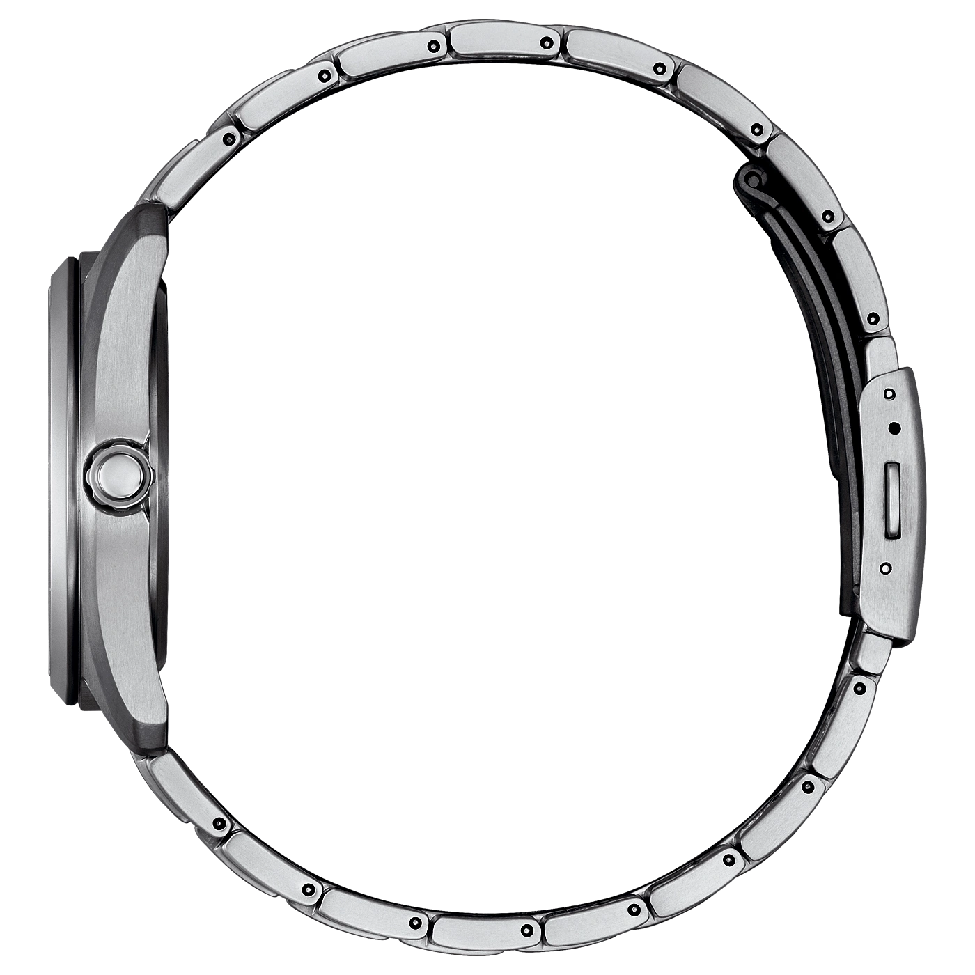 Side view of a silver watch band and case
