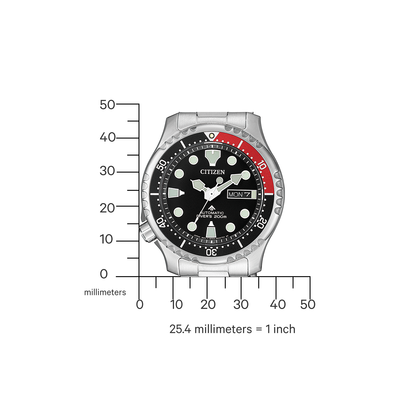 Citizen watch with black dial, red bezel, and measurement scale in millimeters.