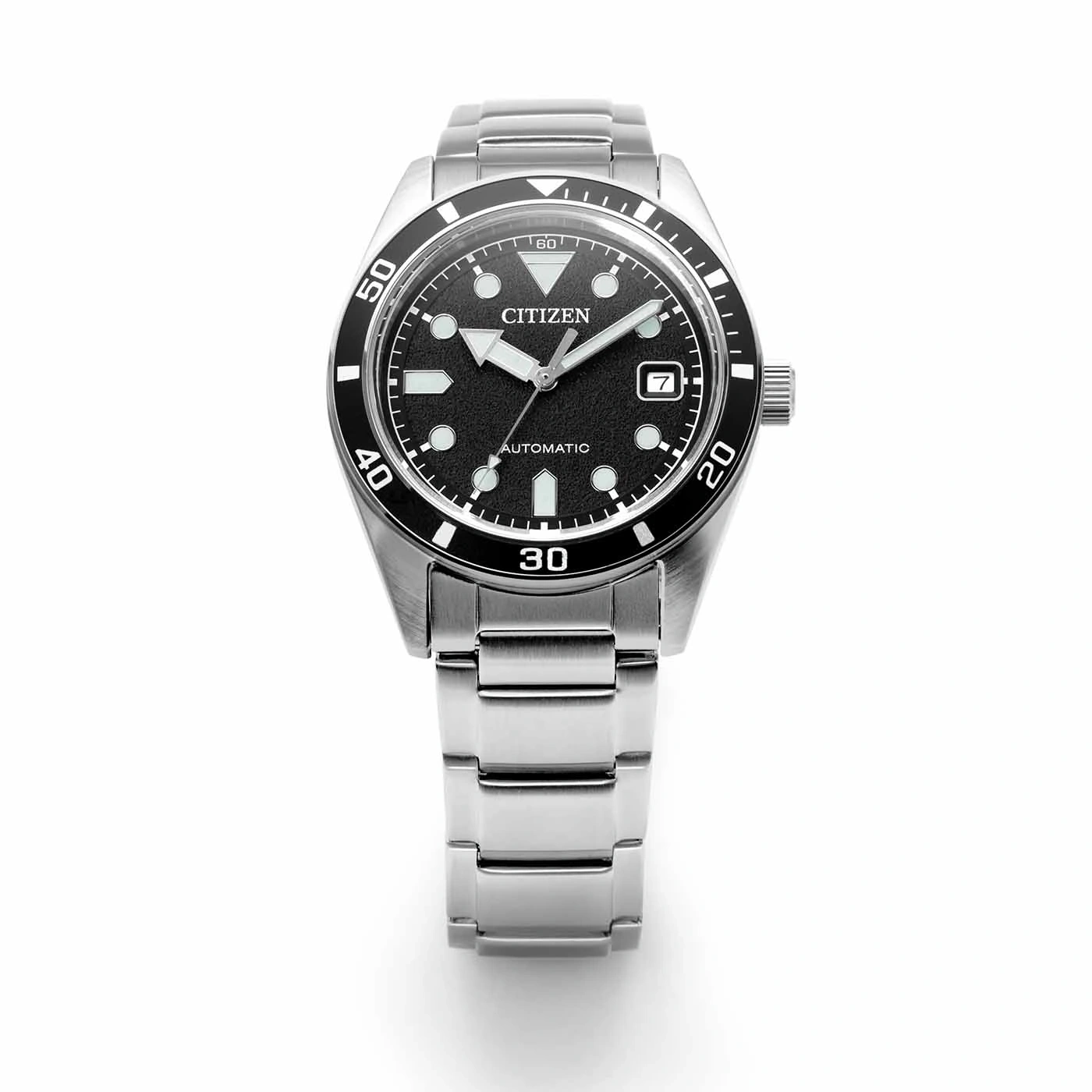 A stainless steel Citizen automatic watch with a black dial and bezel.