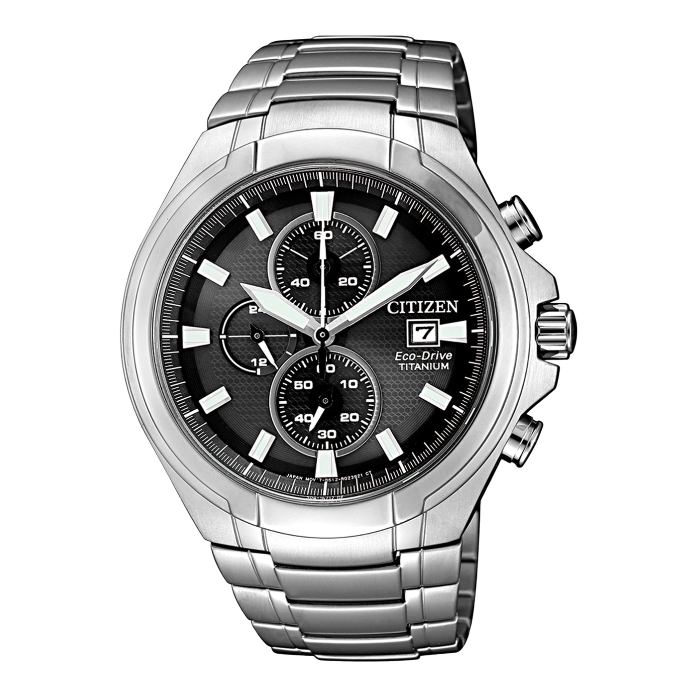 Citizen Eco-Drive Titanium watch with black dial and silver bracelet.