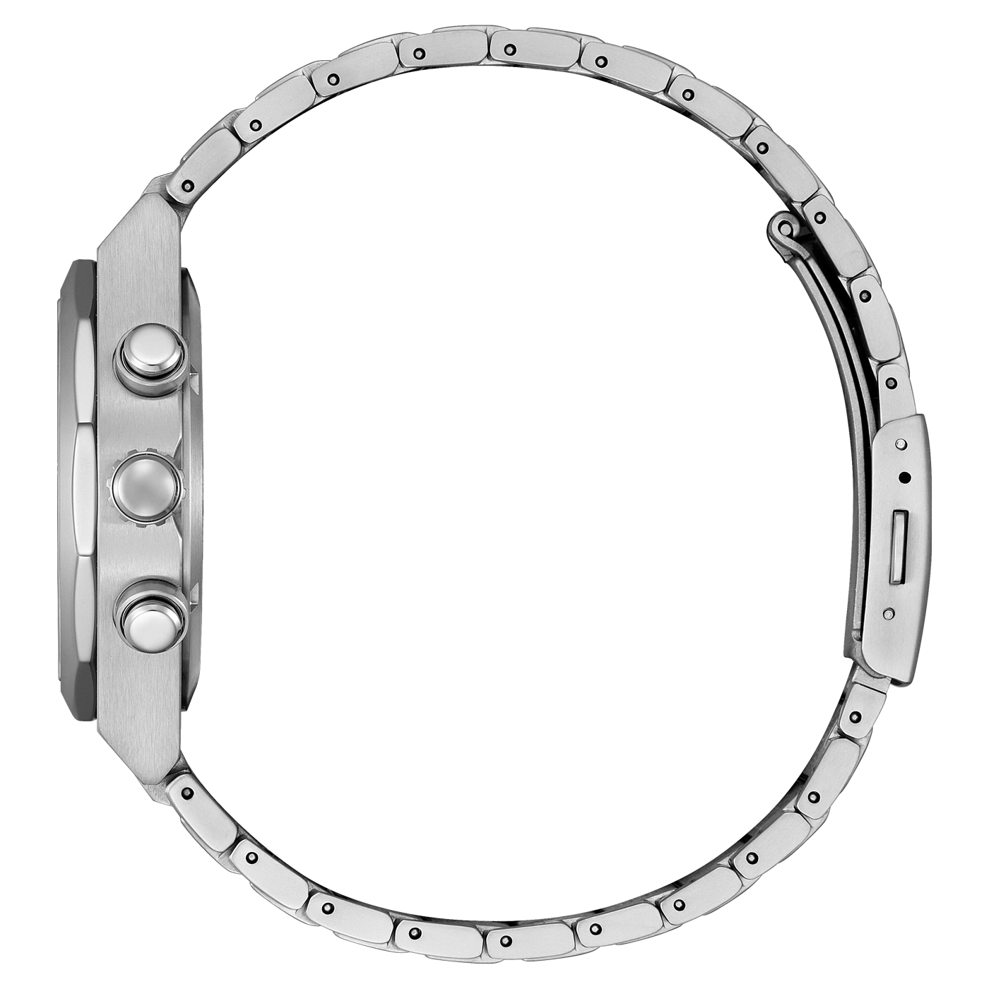 Silver watch with a metal strap, side view, buttons visible, elegant design.