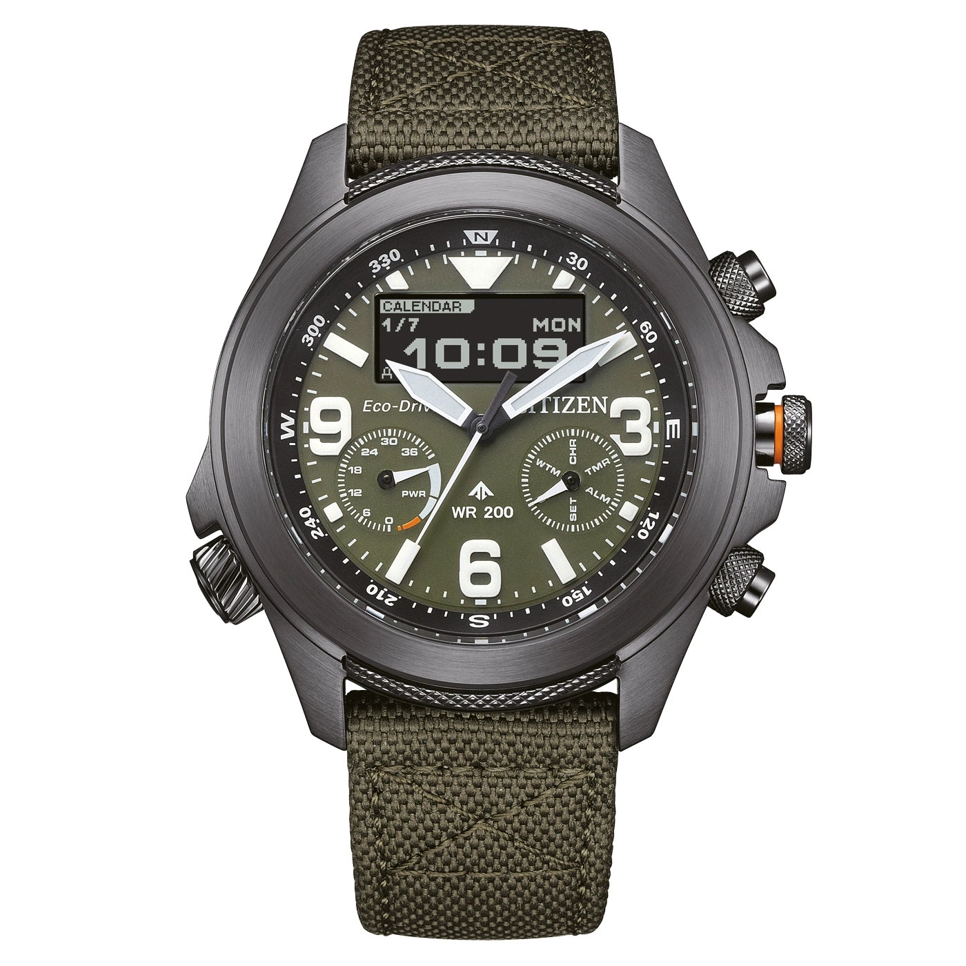 Citizen watch with digital display, green face, and olive strap.