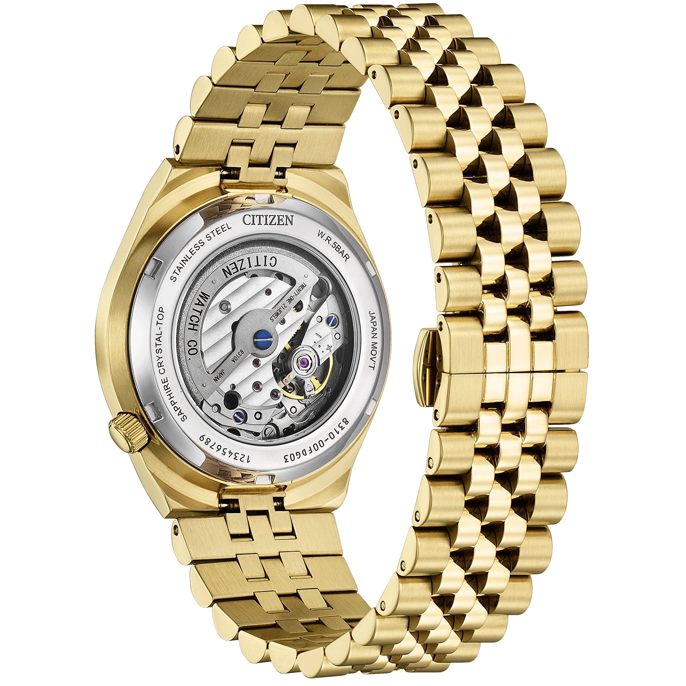 Gold Citizen watch with a transparent back, showing the mechanism and the strap.